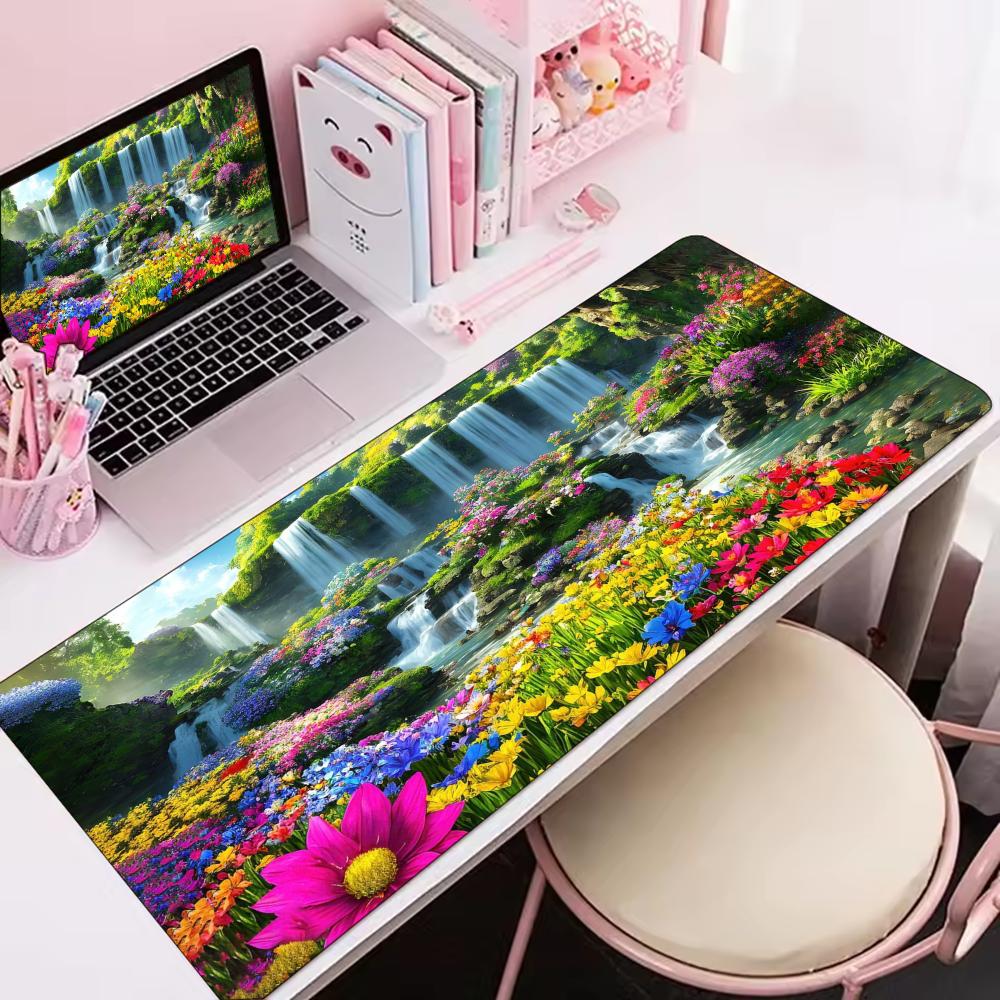 Desk Setup Natural - 화려한 꽃과 폭포 풍경 자연 예술